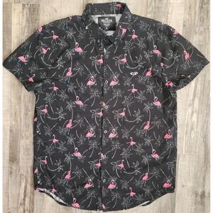 Hollister Button Down Shirt Mens M Black Flamingo Roller Skate Epic Flex Stretch